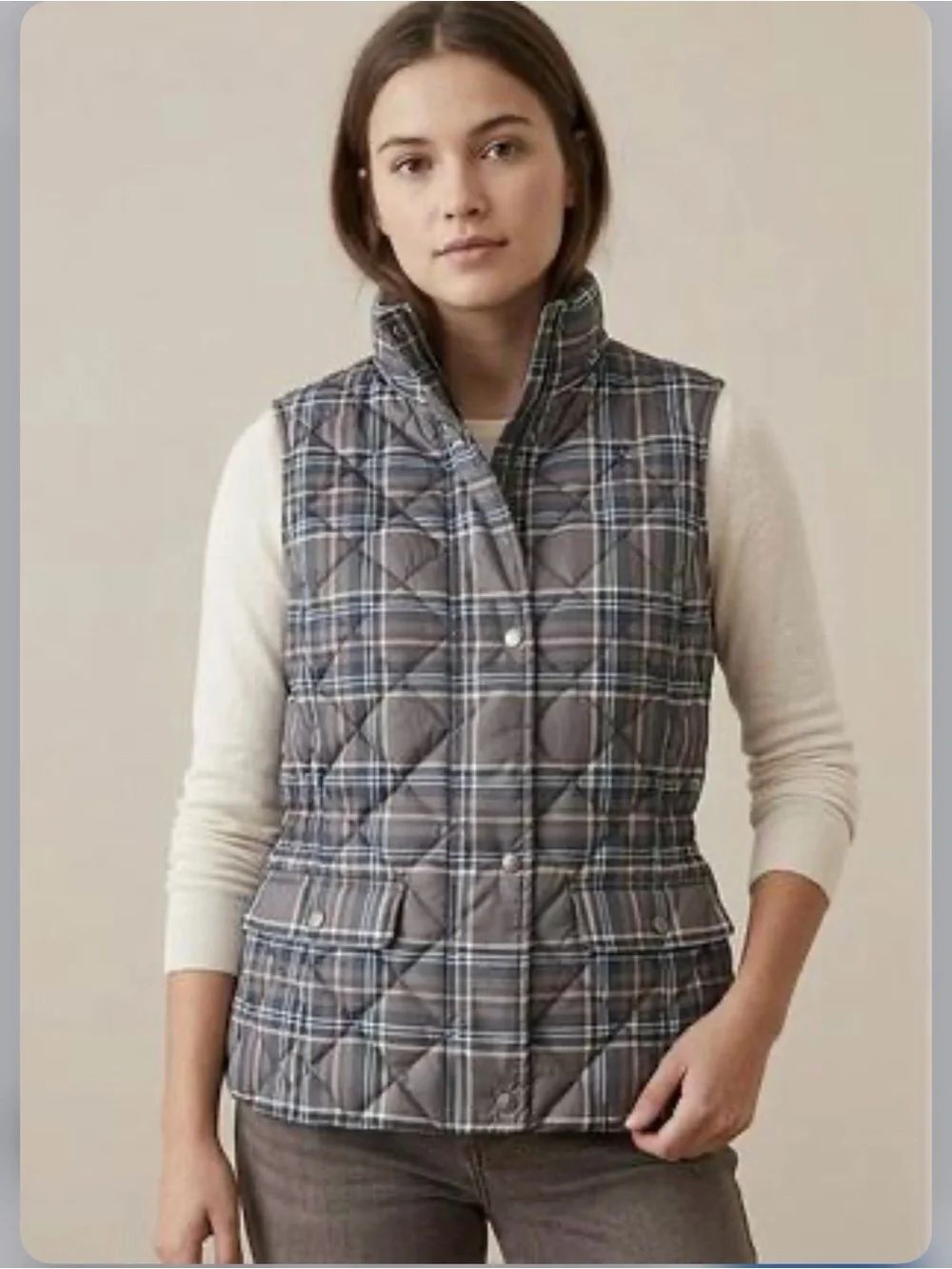 Talbots Gray Tartan Plaid Quilted Down Puffer Vest
